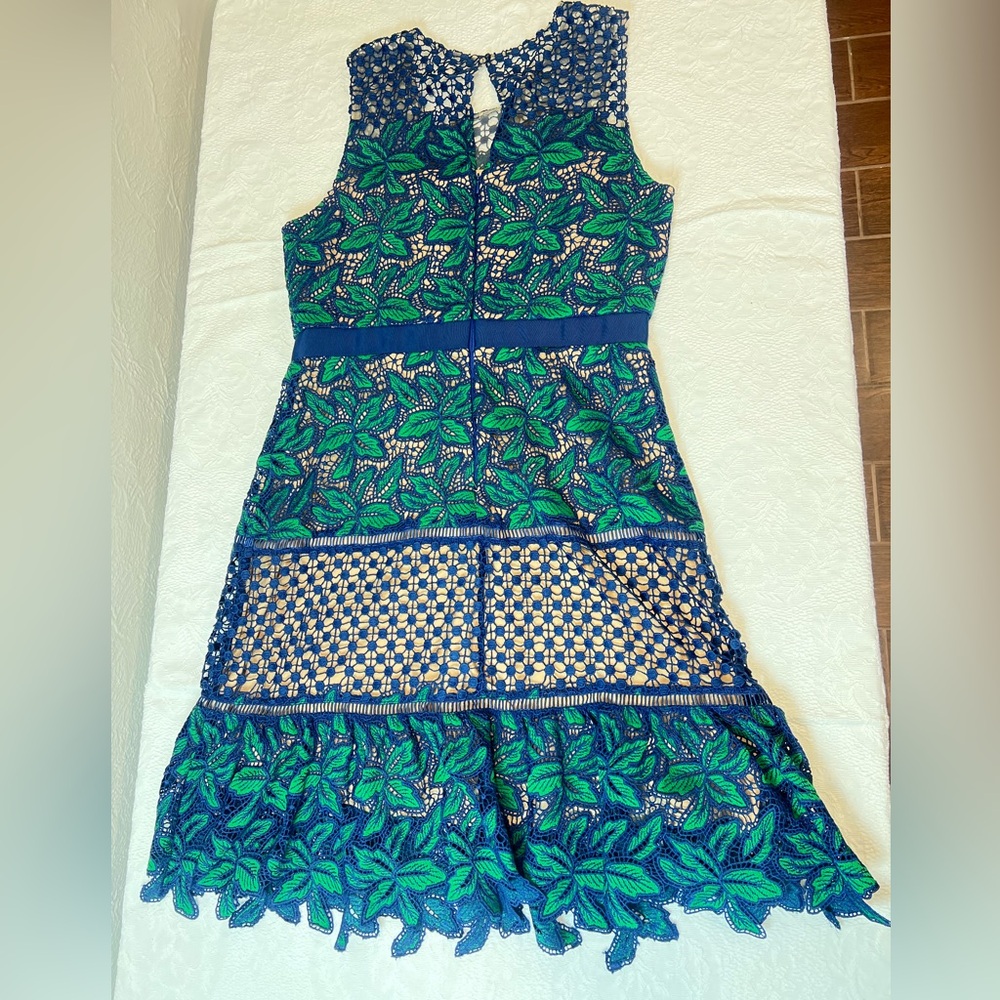 Badgley Mischka Green and Blue Floral Lace Mini Dress Sz.14 NWT - Picture 6 of 6